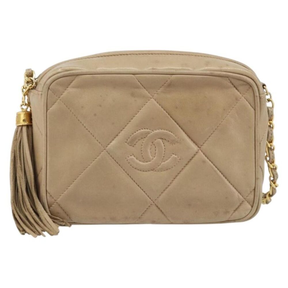 Chanel Vintage Diamond Cc Camera Quilted Lambskin Beige Leather Shoulder Bag Bag